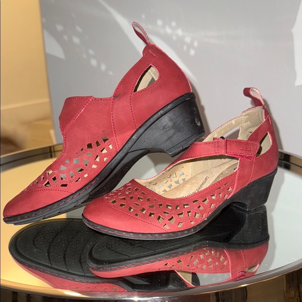 JBU Red and Black Mules with Perforated Design